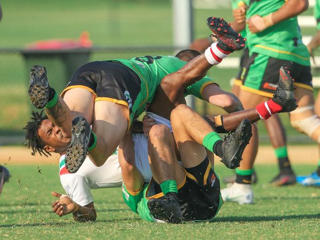 Nightcliff’s Yowanie smashed in a tackle in the NRL NT A-Grade match between Nightcliff Dragons and Palmerston Raiders. Picture: Glenn Campbell