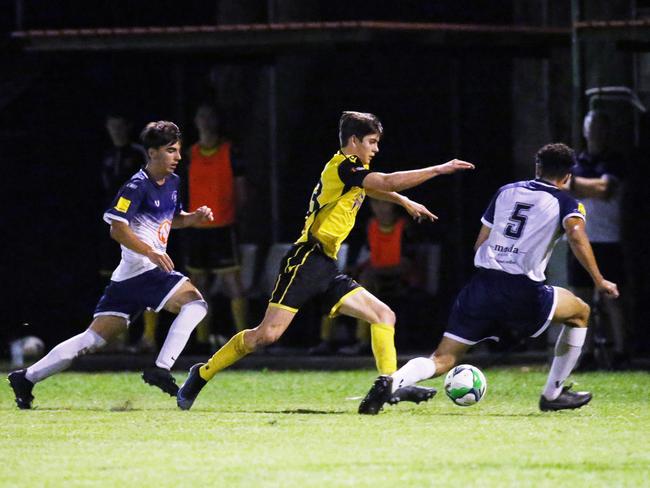 Tigers' Liam Bruce makes a run down the sideline in the FNQ Football Premiership match between the Edge Hill Tigers and the Marlin Coast Rangers, held at Tiger Park, Manunda. Picture: Brendan Radke