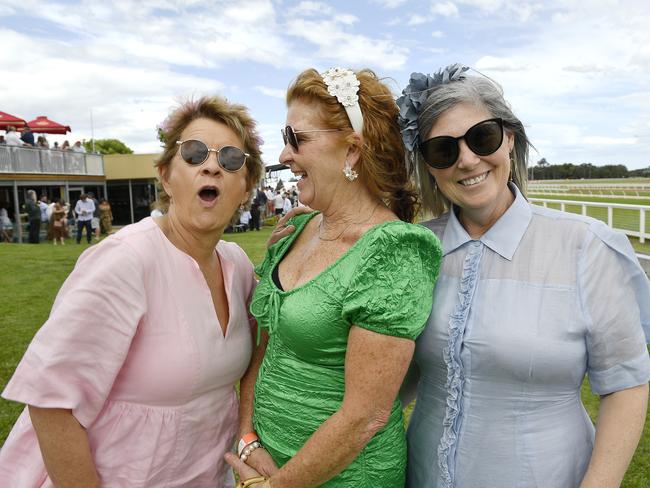 Ladbrokes Sale Cup. Racegoers are pictured attending Cup Day horse races at Sale Turf Club, Sunday 27th October 2024. Suzi Wait, Sam Osborn and Donna Turner. Picture: Andrew Batsch