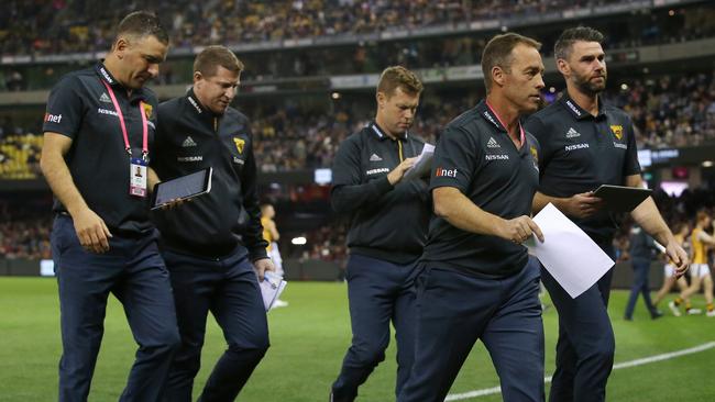 Hawthorn coach Alastair Clarkson with assistants Adam Yze, Scott Burns, Sam Mitchell and Chris Newman. Picture: Michael Klein