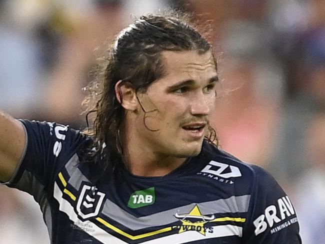 TOWNSVILLE, AUSTRALIA - MARCH 18: Tom Chester of the Cowboys gestures during the round three NRL match between North Queensland Cowboys and New Zealand Warriors at Qld Country Bank Stadium on March 18, 2023 in Townsville, Australia. (Photo by Ian Hitchcock/Getty Images)