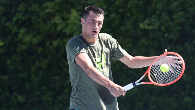 Bernard Tomic is back on the training court at a private location on the Gold Coast, in preparation for a 2022 comeback: “I’ve got one more chance at this.” Picture Glenn Hampson