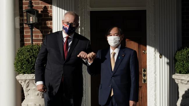 Mr Morrison holds a working breakfast with Prime Minister Suga of Japan. Picture: Adam Taylor via PMO