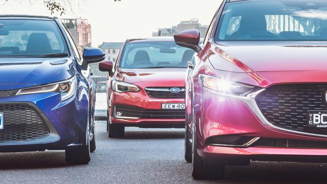 Photo of comparison test between Mazda3 sedan, Toyota Corolla sedan and Subaru Impreza sedan. Picture: Thomas Wielecki.