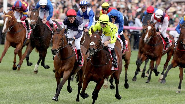 Kerrin McEvoy, left, celebrates after Almandin edges out Heartbreak City. Picture: David Geraghty