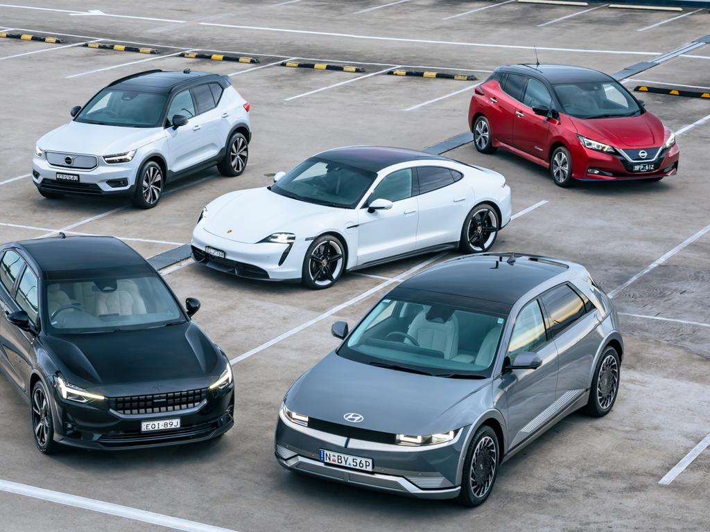 The Nissan Leaf, Polestar 2, Hyundai Ioniq 5, Porsche Taycan, Volvo XC40 Recharge. Picture: Thomas Wielecki