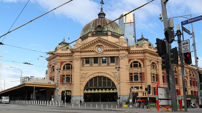 Swanston Street and Flinders St Station during a stage four lockdown in Melbourne. Picture: NCA NewsWire / David Crosling