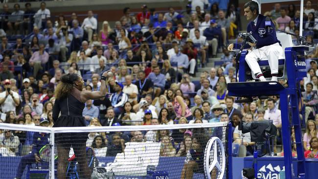 Williams argues with chair umpire Carlos Ramos. Picture: AP