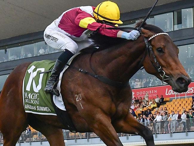 Arabian Summer wins the $1m Magic Millions National 2YO Classic at Doomben for trainers Tony and Calvin McEvoy and jockey Harry Coffey. Picture: Grant Peters, Trackside Photography.