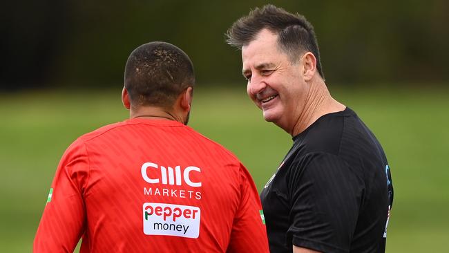 Ross Lyon chats with Brad Hill on the first day of pre-season training. Picture: Quinn Rooney/Getty Images