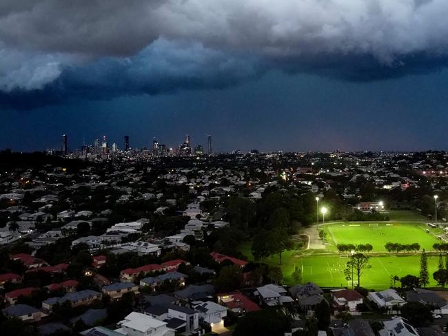 View from Grange as severe storms roll in over Brisbane. Picture: Sean Callinan