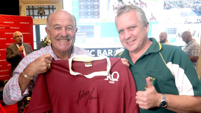 Wally Lewis with Andrew Treadwell at a 65th birthday gathering at the Normanby Hotel. Picture: Steve Pohlner