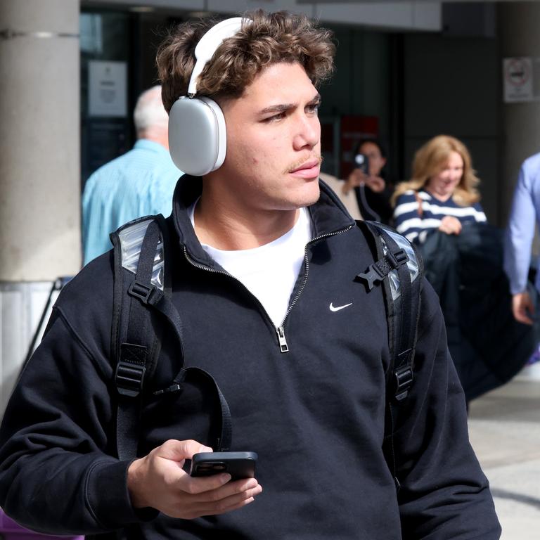 Reece Walsh arrives back in Brisbane after being found guilty in a marathon NRL judiciary hearing. Picture: Steve Pohlner