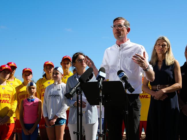 NSW Premier Dominic Perrottet joined volunteer surf lifesavers to issue a water safety warning on Tuesday morning. Picture: NCA Newswire / Gaye Gerard