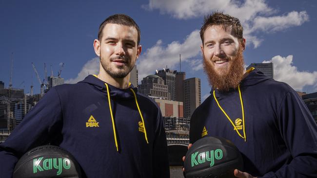 Australian Boomers players Chris Goulding (left) and Aron Baynes pose for a photograph during a Boomers media opportunity in Melbourne, Monday, August 19, 2019. (AAP Image/Daniel Pockett)