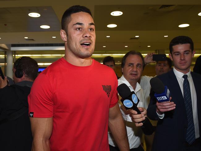 Former NRL player Jarryd Hayne arrives at Sydney International Airport, in Sydney, Wednesday, Jan. 6, 2016. Picture: AAP Image/Dan Himbrechts