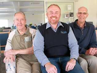 HAPPY HERE: Regency Park residents Graeme Parkinson, left, and Dudley Fitzgerald, right, enjoy the afternoon with manager Chris Newley, centre. Picture: Marian Faa