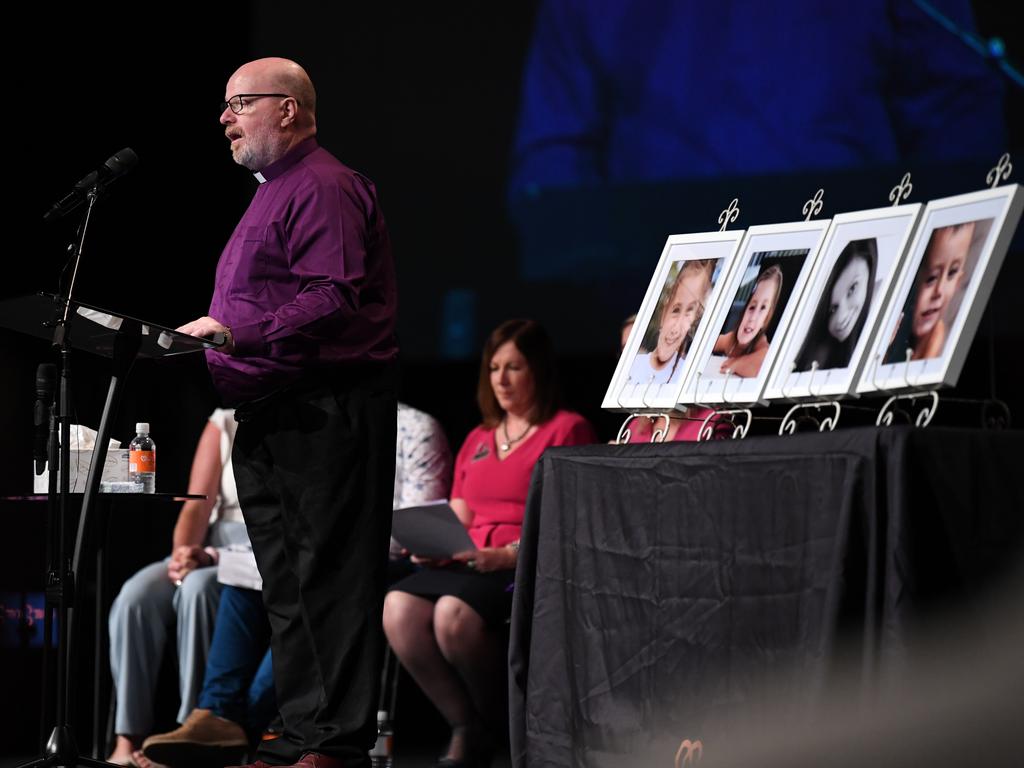 Hannah Clarke's uncle Ian Adrian speaks at the funeral for Hannah and her three children Aaliyah, Laianah and Trey in Brisbane. Picture: Dan Peled/AAP