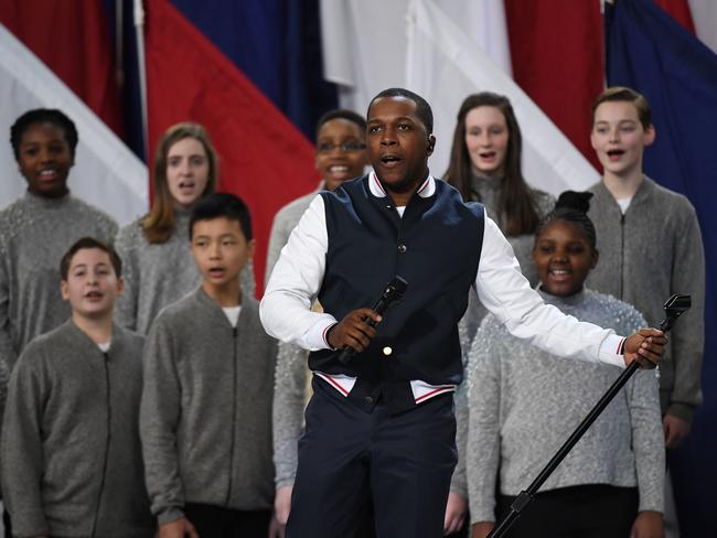 Leslie Odom, Jr, sings ‘America the Beautiful’ prior to the start Super Bowl LII between the Philadelphia Eagles and the New England Patriots at US Bank Stadium on February 4, 2018 in Minneapolis, Minnesota. Picture: AFP
