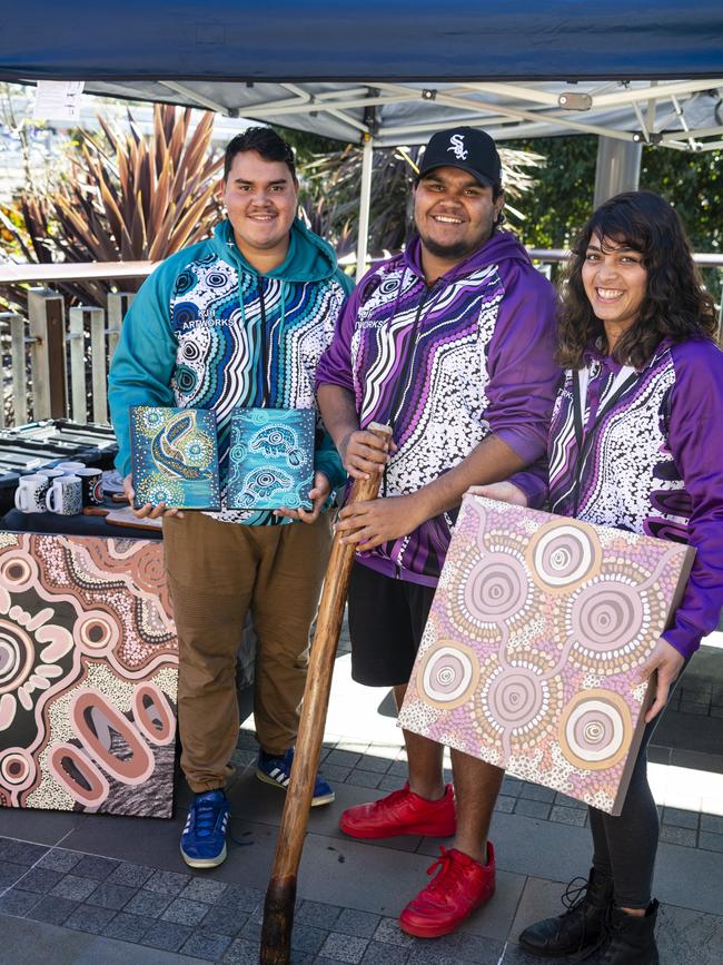 Tending the KJH Artworks stall are (from left) Jivarhn Hill, Jakiah Hill and Sarima Chong at the NAIDOC arts and craft market at Grand Central, Saturday, July 9, 2022. Picture: Kevin Farmer