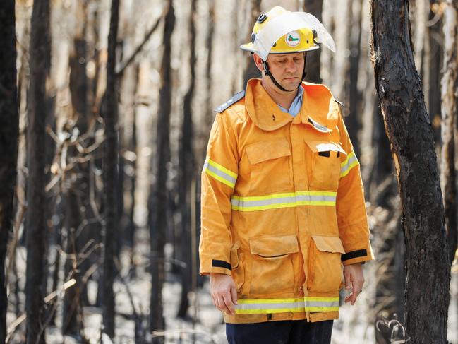 Fire Area Support Officer Daniel Sanderman in the fire zone of the recent bushfires at Beerwah on the Sunshine Coast. Picture Lachie Millard