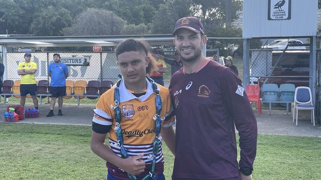 Redcliffe SHS player of the match Jesse Schuster with Broncos great Matt Gillett.