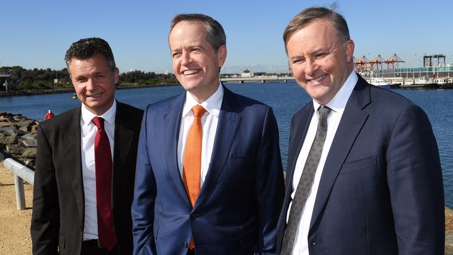 Australia's Labor Party leader Bill Shorten Opposition spokesman for transport and infrastructure Anthony Albanese MP Matt Thistlethwaite in Botany. Picture: AFP