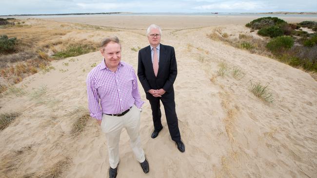 Murray-Darling Basin Royal Commissioner Bret Walker and Senior Counsel assisting Richard Beaseley at the Murray Mouth. Picture: Leon Mead Photography