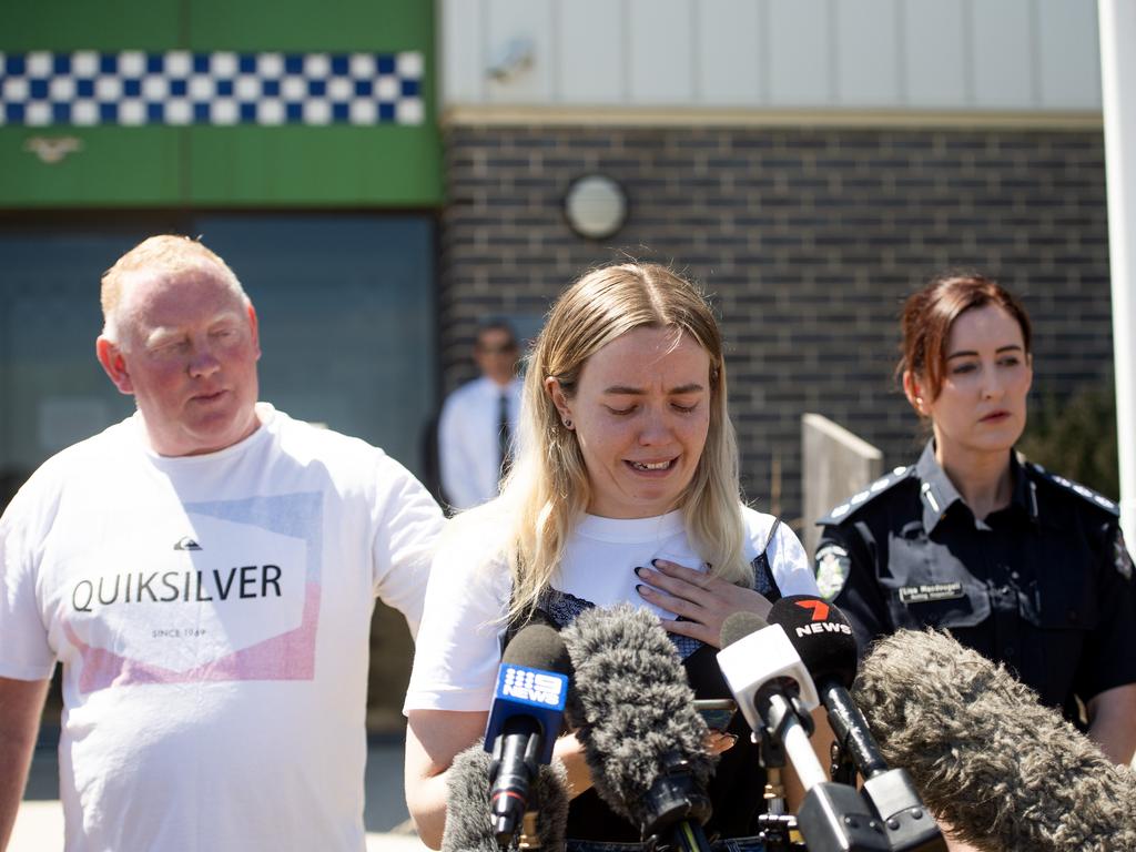 Samantha’s daughter Jess Murphy and husband Mick Murphy, speak to media outside Ballarat West Police Station. Picture: Nicki Connolly