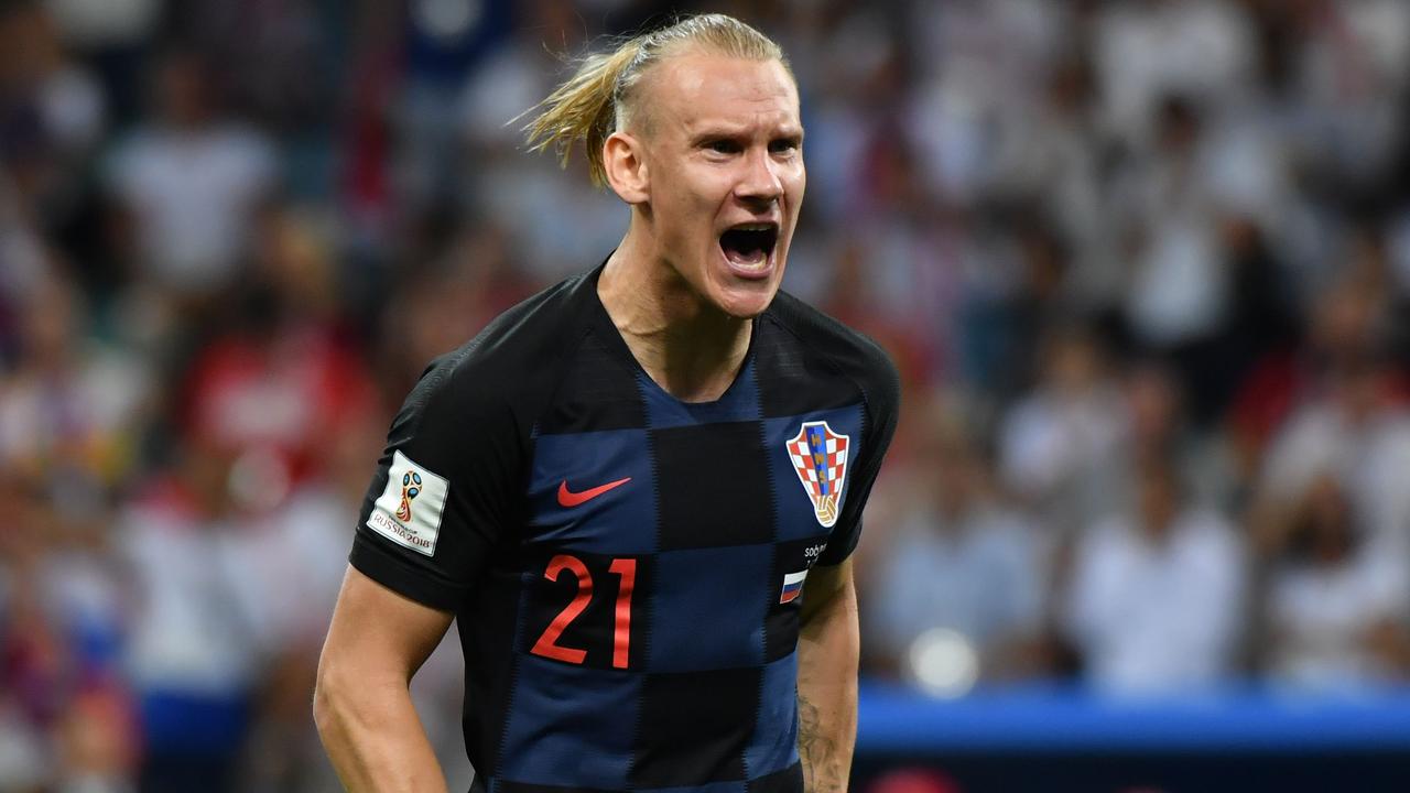 Croatia's defender Domagoj Vida celebrates a converted penalty against Russia.