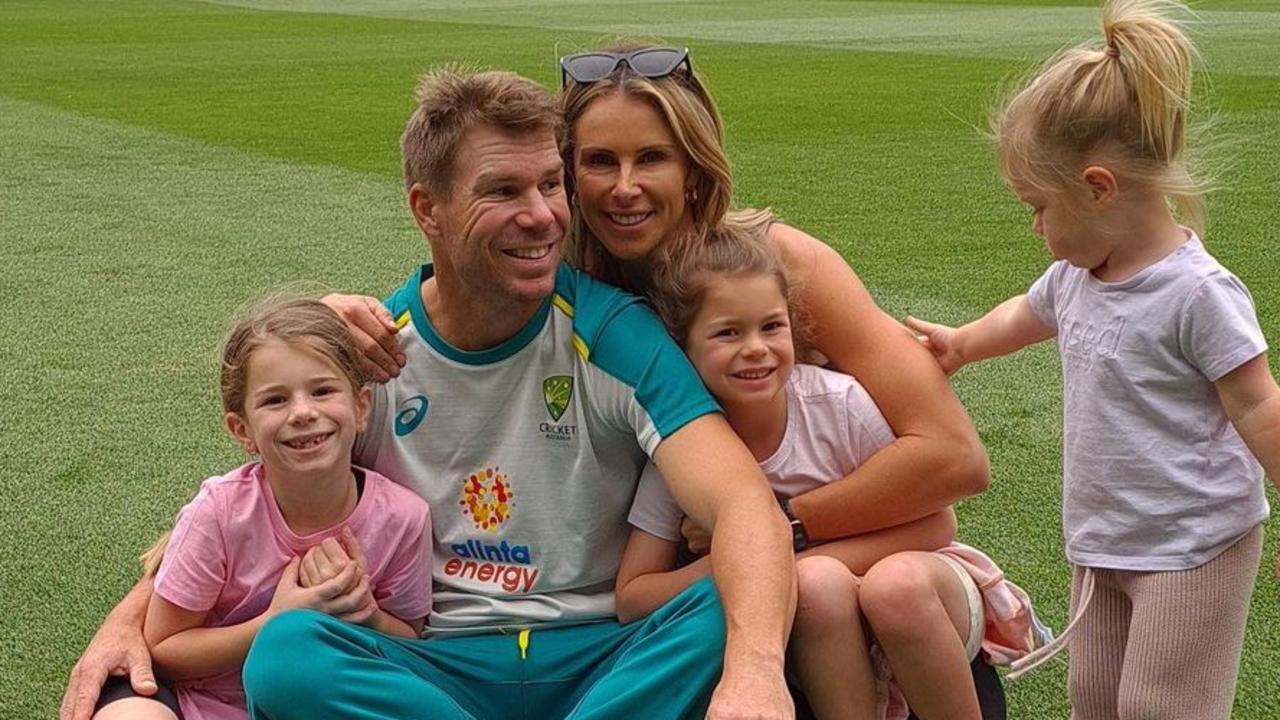 David and Candice Warner pictured with their children Ivy, Isla and Indy