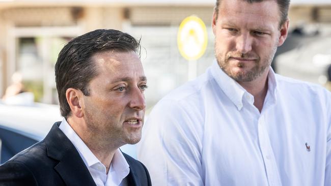 Opposition leader Matthew Guy (left) repeatedly stated the party would scrap the $843 million levy. Picture: Jake Nowakowski