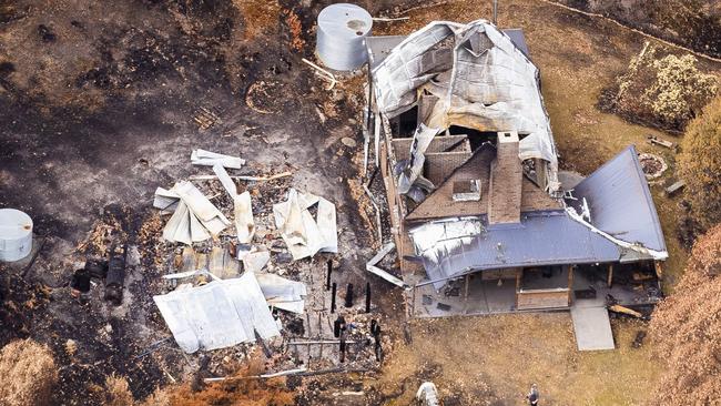 Fire destroyed structures in Glen Huon. Tasmanian Bushfires 2019. Aerial images of wilderness and homes affected by the Riveaux Road bushfire. Picture: RICHARD JUPE