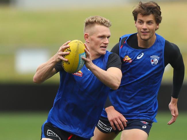 Adam Treloar in full flight during a training session at Whitten Oval. Picture: Getty Images