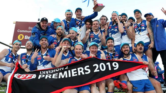 Sunbury Kangaroos celebrate their 2019 Division 2 premiership. Picture: Mark Dadswell