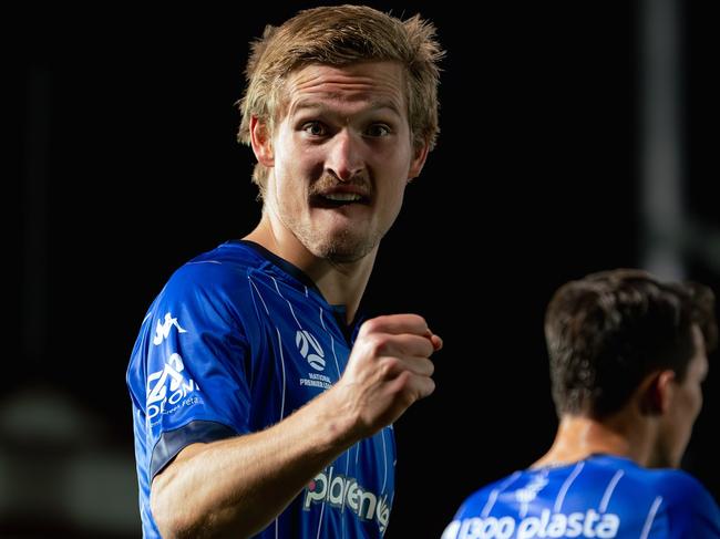 Gustav Moller celebrates a goal for South Melbourne. Picture: South Melbourne