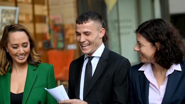 Mr Garside said he was relieved to have the charges dropped. Pictured with solicitor Rebekah Giles (left) and barrister Sue Chrysanthou (right). Picture: NCA NewsWire / Jeremy Piper