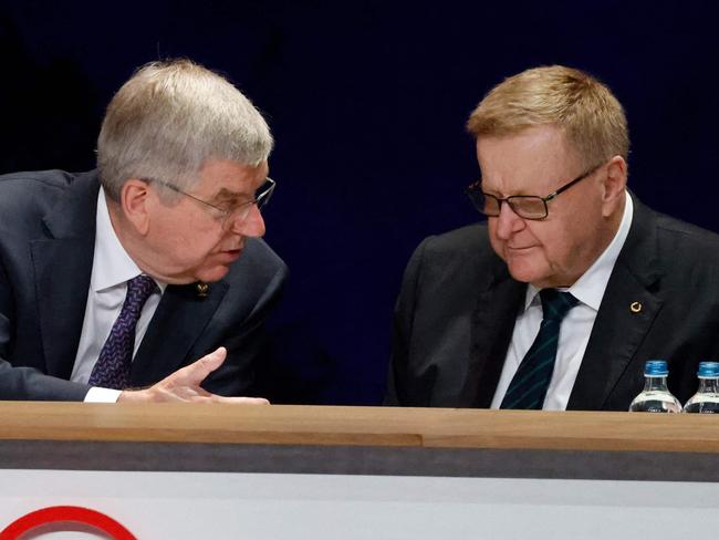 President Thomas Bach and IOC member John Coates during the 142nd session of the IOC in Paris. Picture: AFP