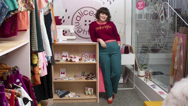 Fashion designer and sewing teacher Alice Nightingale at her boutique in California Lane, Fortitude Valley. Picture: Russell Shakespeare.