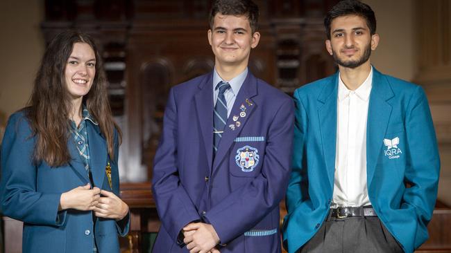 South Australian Teen Parliament participants (L to R) India Ciura from St Joseph’s Port Lincoln, Adrien Niculescu from Sacred Heart College and Mobin Achakzai from IQRA College. Picture Emma Brasier