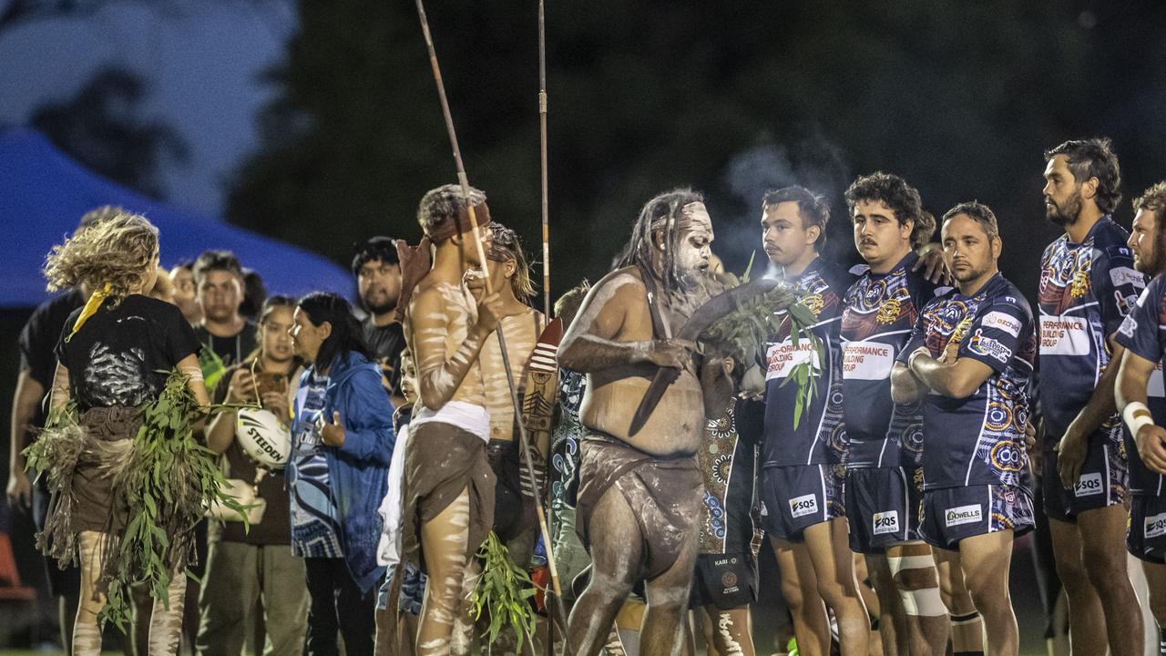 Smoking ceremony and dance by Murabirigururu Aboriginal Dancers. 2023 TRL Cultural Cup, SW Qld Emus vs Pacific Nations Toowoomba. Saturday, February 25, 2023. Picture: Nev Madsen.