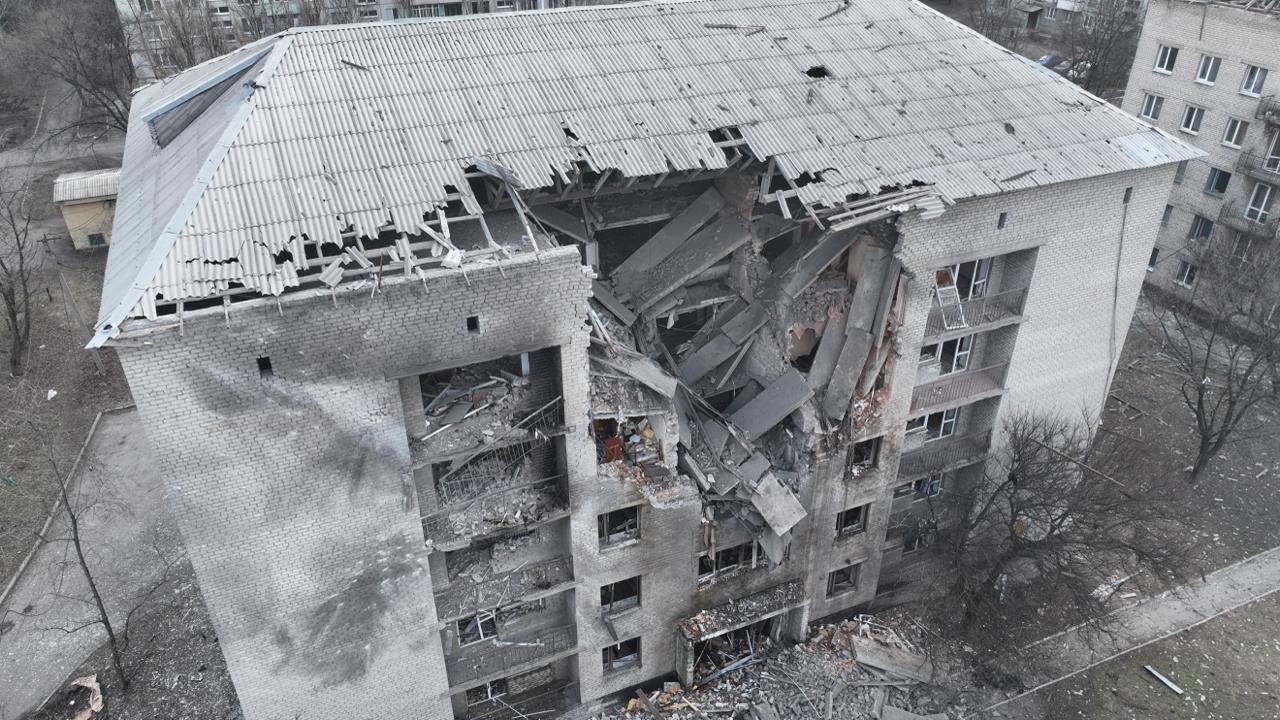 A damaged building where four residents were wounded, after night attack to Pokrovsk district, Donetsk region in Ukraine. Picture: Ukrainian Emergency/AFP