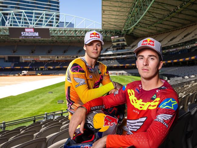 MELBOURNE, NOVEMBER 28, 2024: Supercross champion brothers Jett (yellow kit) and Hunter (red kit) Lawrence at Marvel Stadium ahead of the AusX Supercross event. Picture: Mark Stewart