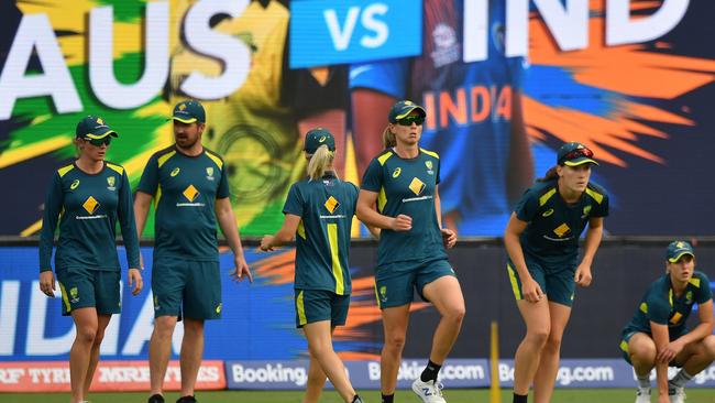 Australia warm up ahead of the opening match of the Women’s T20 World Cup against India on Friday night. Picture: AAP