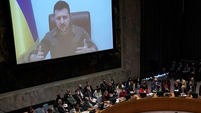 President Volodymyr Zelensky, of Ukraine, addresses a meeting of the UN Security Council in New York during the week. Picture: AFP