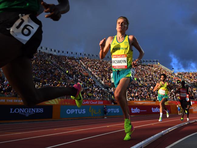 Stewart Mcsweyn of Australia during the mens 5000m final at the Gold Coast Commonwealth Games. Picture: AAP Image/Dean Lewins