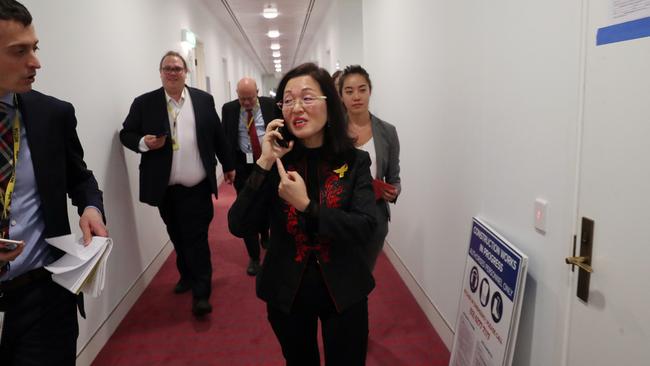 Liberal MP Gladys Liu refused to talk to journalists as she left the Sky studio in Parliament House in Canberra after she was interviewed. Picture Gary Ramage