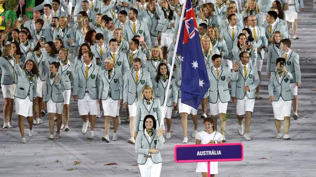 Anna Meares leads the Australian team during the Opening Ceremony of the Rio 2016 Games.