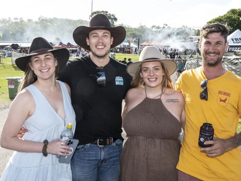 (from left) Holly Stimmler, Mitchell Orupold, Lauren Stimmler and Dalton Stimmler at Meatstock, Toowoomba Showgrounds. Friday, April 8, 2022. Picture: Nev Madsen.