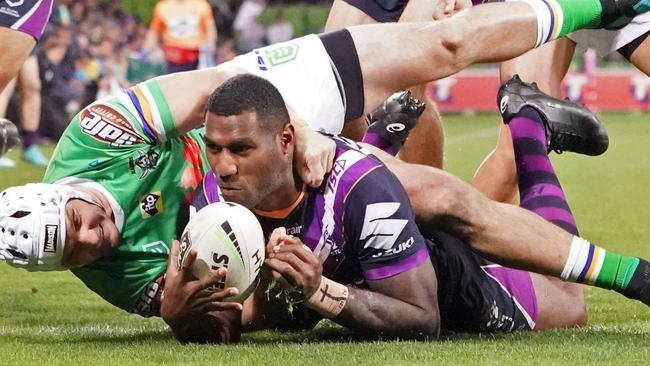 Suliasi Vunivalu scores a try for Melbourne. Picture: AAP